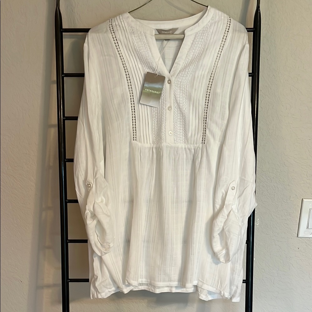 ANTHOLOGY-  White Pleated Mandarin Collar Blouse